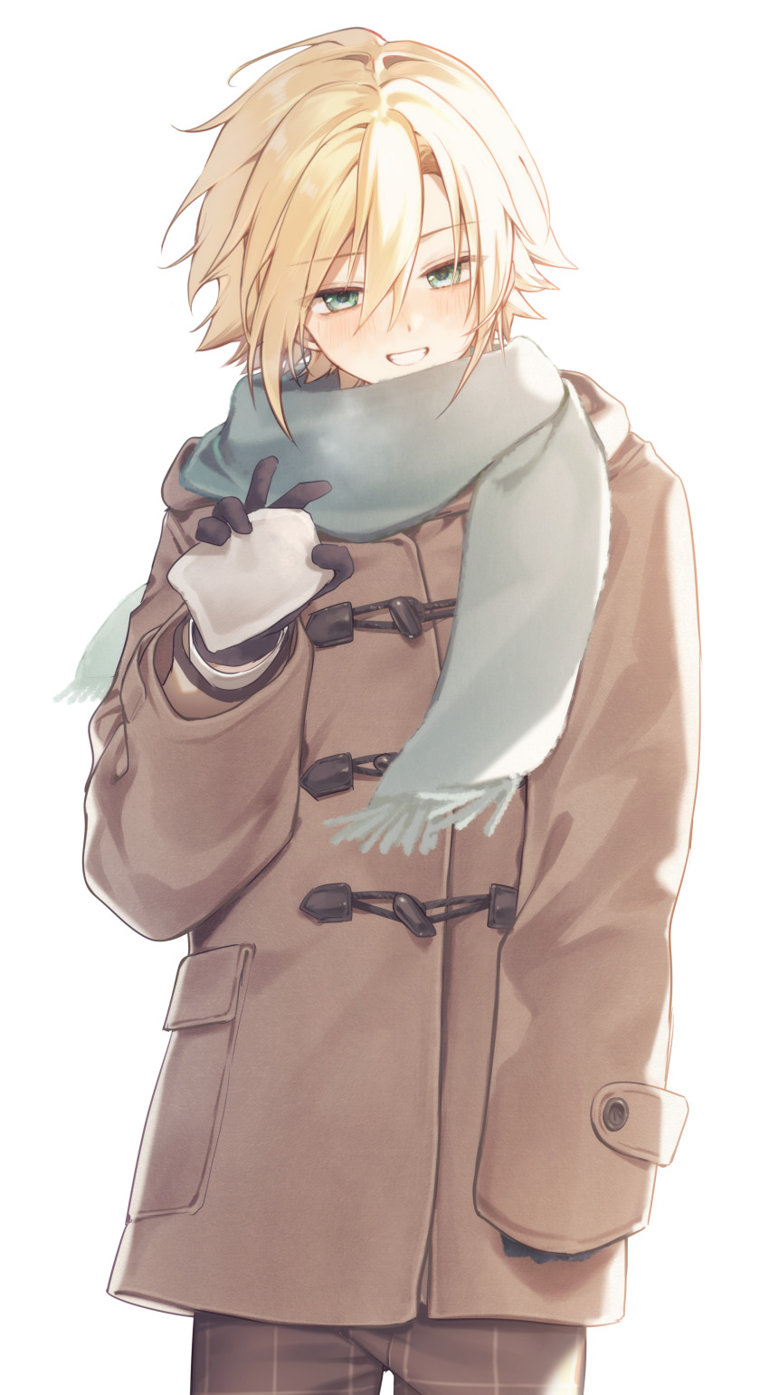 1boy absurdres black_gloves blonde_hair brown_coat brown_pants checkered_clothes checkered_pants coat cowboy_shot duffel_coat gloves green_eyes grin hair_between_eyes highres kumo_tabetai long_sleeves looking_at_viewer male_focus nijisanji pants scarf short_hair simple_background single_sleeve_past_wrist smile solo standing straight-on uzuki_kou virtual_youtuber white_background