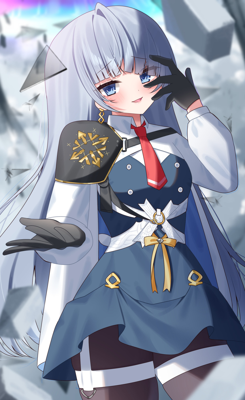 1girl absurdres arcaea black_gloves black_pantyhose black_skirt bow collared_shirt cowboy_shot earrings frown glass gloves hair_between_eyes highres insight_(arcaea) jewelry long_sleeves mayoyoriketyaha necktie pantyhose purple_eyes red_necktie shirt single_shoulder_pad skirt smile solo thigh_strap white_hair white_shirt yellow_bow