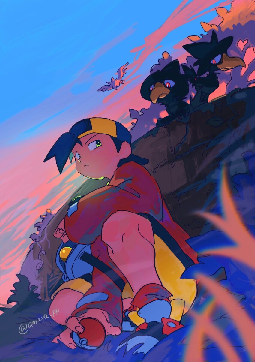 1boy amaya_uw backwards_hat bird closed_mouth cloud commentary_request ethan_(pokemon) gen_2_pokemon grass grey_bag hat highres holding holding_poke_ball jacket knees long_sleeves looking_back male_focus murkrow nintendo outdoors poke_ball poke_ball_(basic) pokemon pokemon_(creature) pokemon_gsc red_jacket shoes shorts sitting sky yellow_shorts