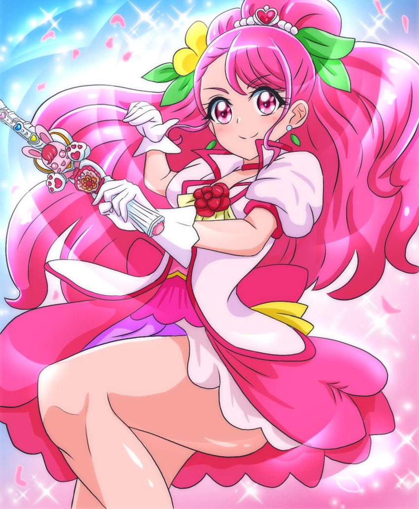 1girl blush closed_mouth commentary_request cure_grace dress earrings flower gloves hair_flower hair_ornament hanadera_nodoka healin&#039;_good_precure heart heart_hair_ornament highres holding jacket jewelry leaf_earrings long_hair magical_girl manga_sakuga_(precure) paid_reward_available petals pink_dress pink_eyes pink_hair pink_jacket ponytail precure puffy_short_sleeves puffy_sleeves rabirin_(precure) short_sleeves smile solo sparkle white_gloves