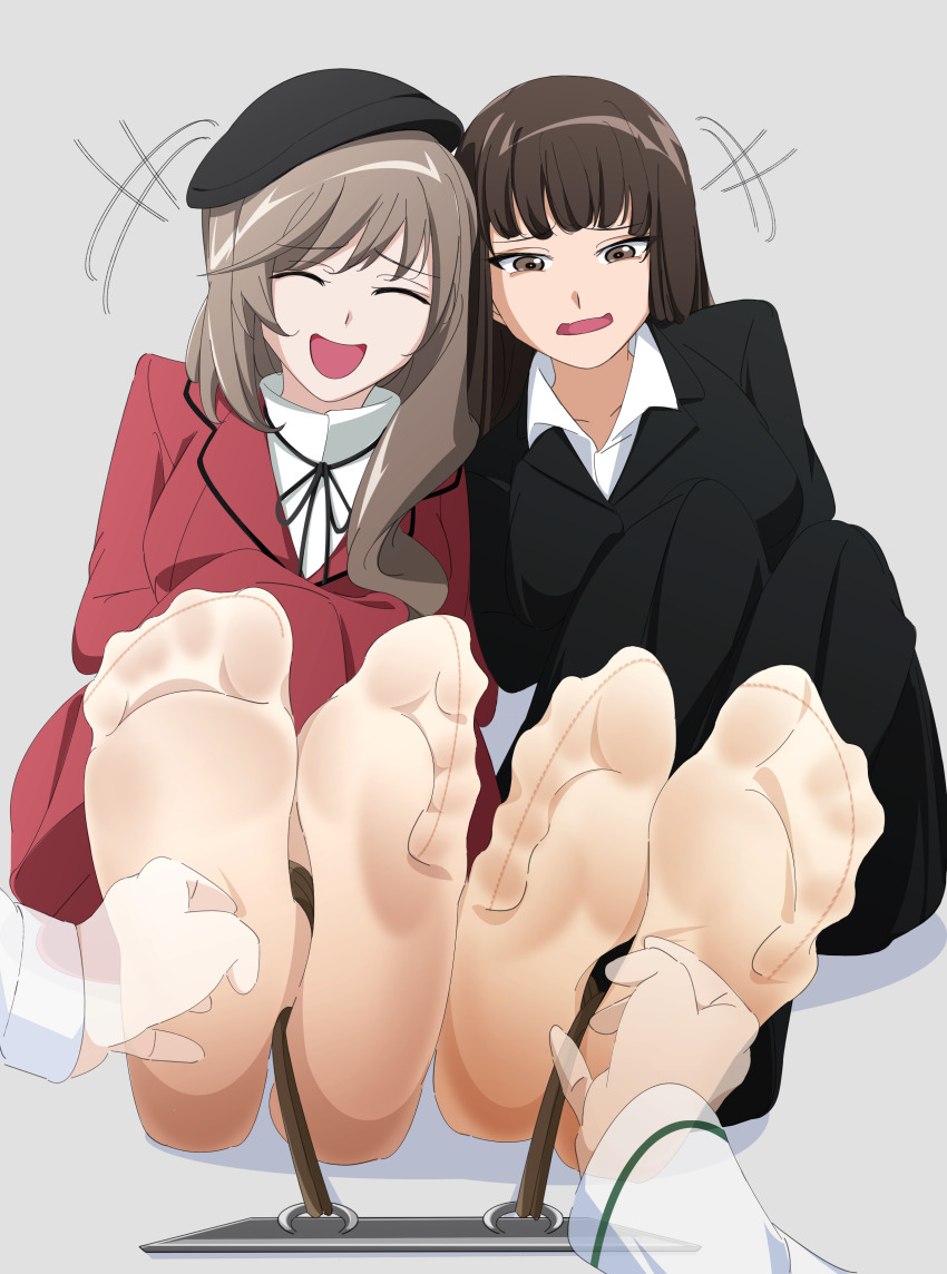 3girls absurdres black_suit brown_eyes brown_hair commission foot_focus formal_clothes girls_und_panzer highres multiple_girls nishizumi_shiho open_mouth panties red_suit restrained sa@mobuliaoyu shimada_chiyo sitting smile suit tickling tickling_feet underwear white_panties