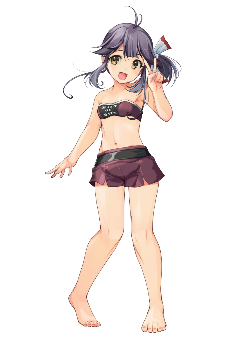 1girl absurdres ahoge aqua_bow aqua_bowtie bandeau barefoot black_hair bow bowtie clothes_writing contrapposto detached_collar full_body hair_ribbon hayanami_(kancolle) highres kantai_collection medium_hair midriff mole mole_on_neck multiple_views navel one_eye_closed purple_bandeau purple_shorts race_queen ribbon shorts side_ponytail simple_background standing v white_background white_ribbon yashin_(yasinz) yellow_eyes