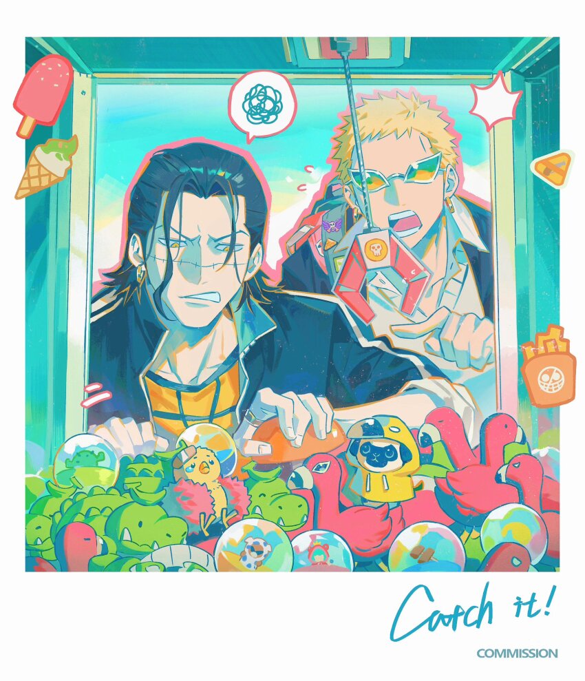 2boys annoyed backpack bag bird black_hair black_jacket blonde_hair chick collared_shirt commission crane_game crocodile crocodile_(one_piece) crocodilian donquixote_doflamingo earrings english_text flamingo food french_fries highres ice_cream jacket jewelry male_focus medium_hair mr._13_(one_piece) multiple_boys one_piece open_mouth playing pointing pug scar scar_on_face school_uniform shirt short_hair smiley_face speech_bubble stitches sugar_(one_piece) sunglasses teeth tongue toy white_shirt yellow_eyes yellow_shirt zoewadewilson