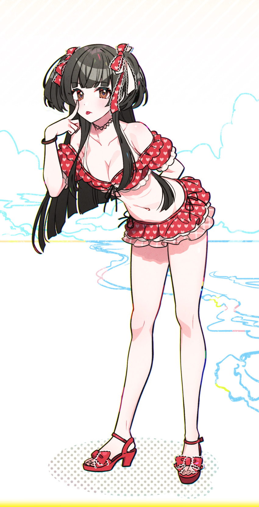 1girl :p absurdres akanbe arm_behind_back bikini black_hair blush bracelet breasts cleavage collarbone eyelid_pull feet finger_to_eye frilled_bikini frills full_body hair_ribbon heart heart_print highres idolmaster idolmaster_shiny_colors jewelry leaning_forward legs looking_at_viewer mayuzumi_fuyuko medium_breasts navel off-shoulder_bikini off_shoulder platform_sandals print_shirt red_bikini red_sandals ribbon ribbon_trim sandals shirt simple_background solo strappy_heels swimsuit toenails toes tongue tongue_out two_side_up yuura