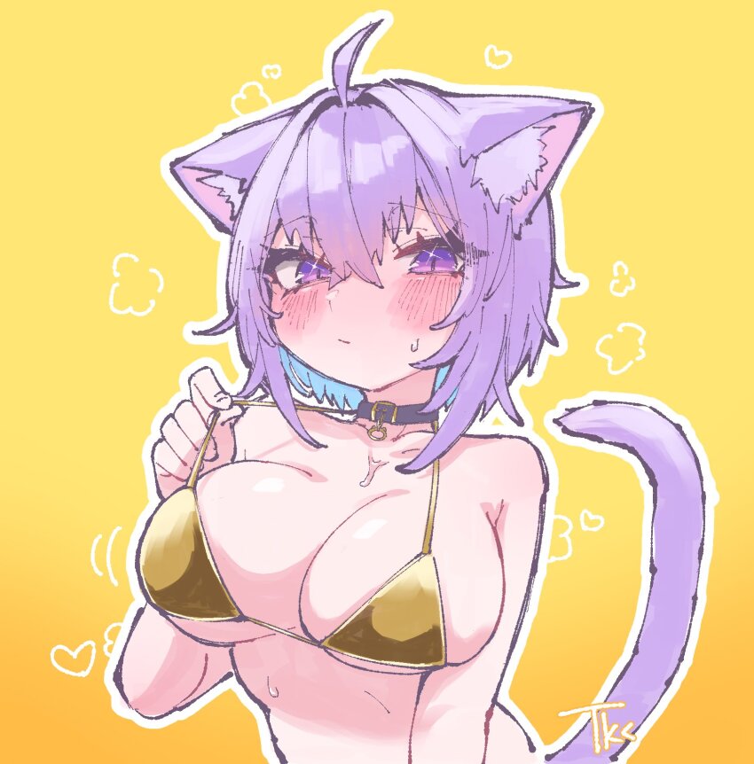 1girl ahoge animal_ear_fluff animal_ears bikini breasts cat_ears cat_girl cat_tail gold_bikini golden_week highres hololive large_breasts nekomata_okayu purple_eyes purple_hair purple_tail short_hair simple_background solo swimsuit tail tkc_(user_snjd8547) upper_body virtual_youtuber yellow_background