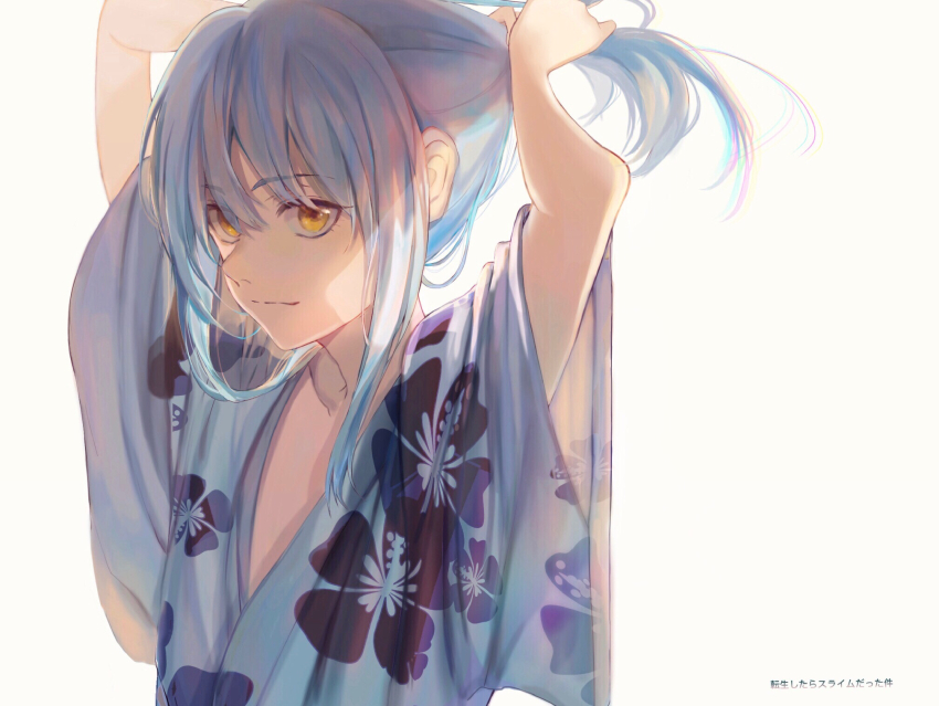 1other arm_out_of_frame black_flower blue_hair blue_kimono floral_print flower highres holding holding_own_hair japanese_clothes kimono long_hair nape rimuru_tempest shusuzu simple_background solo tensei_shitara_slime_datta_ken tying_hair white_background yellow_eyes