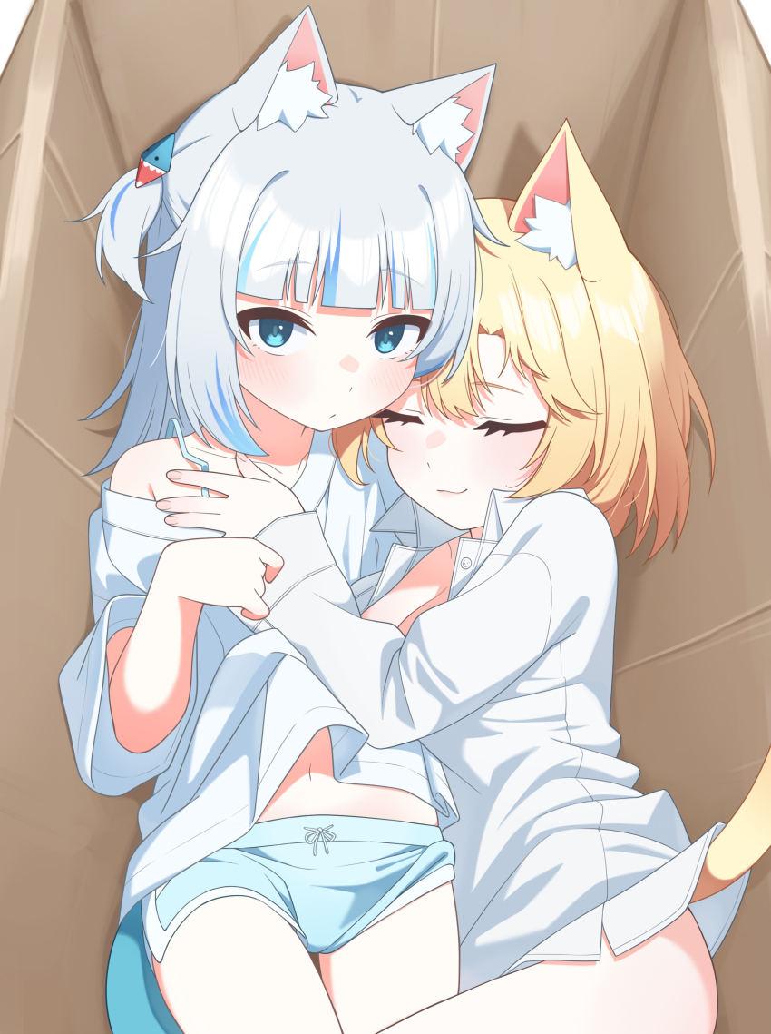 2girls absurdres alternate_costume animal_ears blonde_hair blue_eyes blue_hair blue_shorts blunt_bangs box bra_strap breasts cardboard_box cat_ears cat_girl cat_tail cleavage closed_eyes closed_mouth collared_shirt commentary_request dolphin_shorts dress_shirt fins fish_tail gawr_gura grey_hair hair_ornament highres hololive hololive_english hug in_box in_container korean_commentary large_breasts long_sleeves looking_at_viewer lying medium_hair midriff_peek multicolored_hair multiple_girls naked_shirt navel no_pants on_back on_side oversized_clothes oversized_shirt shark_girl shark_hair_ornament shark_tail shirt short_hair short_shorts shorts sidelocks sleeves_past_wrists smile streaked_hair t-shirt tail two_side_up ugaaaa1 virtual_youtuber watson_amelia white_shirt
