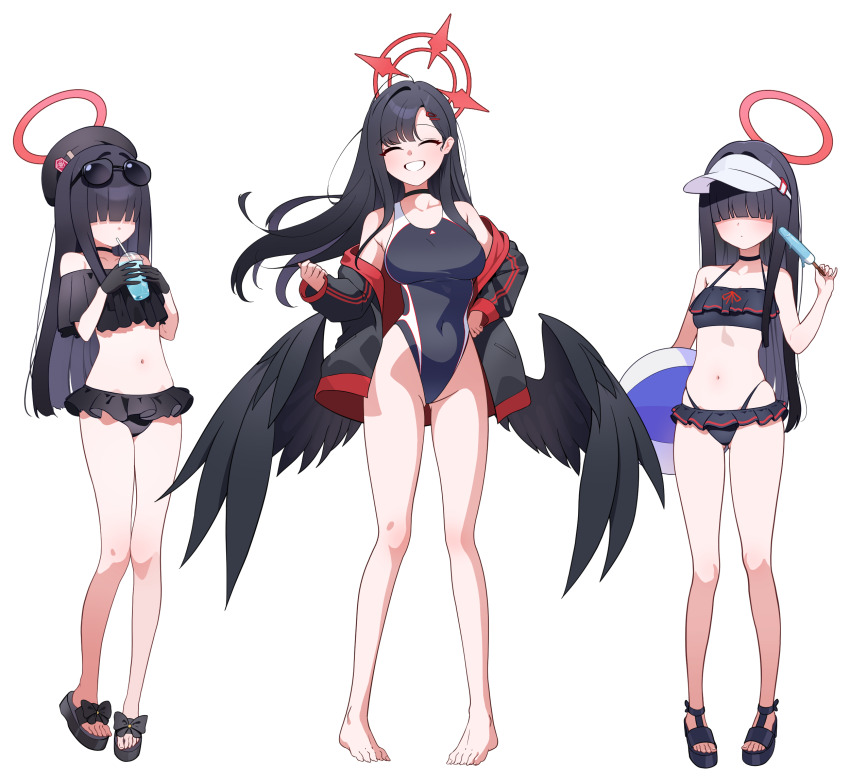 3girls ball bare_arms bare_legs bare_shoulders barefoot beachball beret bikini black_bikini black_choker black_gloves black_hair black_hat black_one-piece_swimsuit black_wings blue_archive blush breasts choker closed_eyes competition_swimsuit drink drinking drinking_straw drinking_straw_in_mouth eyewear_on_head feathered_wings food frilled_bikini frills full_body gloves grin hair_ornament hair_over_eyes hairclip halo hat highres holding holding_ball holding_beachball holding_drink holding_food ichika_(blue_archive) jacket justice_task_force_member_(blue_archive) large_breasts long_hair long_sleeves multiple_girls one-piece_swimsuit open_clothes open_jacket popsicle red_halo red_jacket sandals schwarz_rubin simple_background small_breasts smile sunglasses swimsuit toes white_background wings