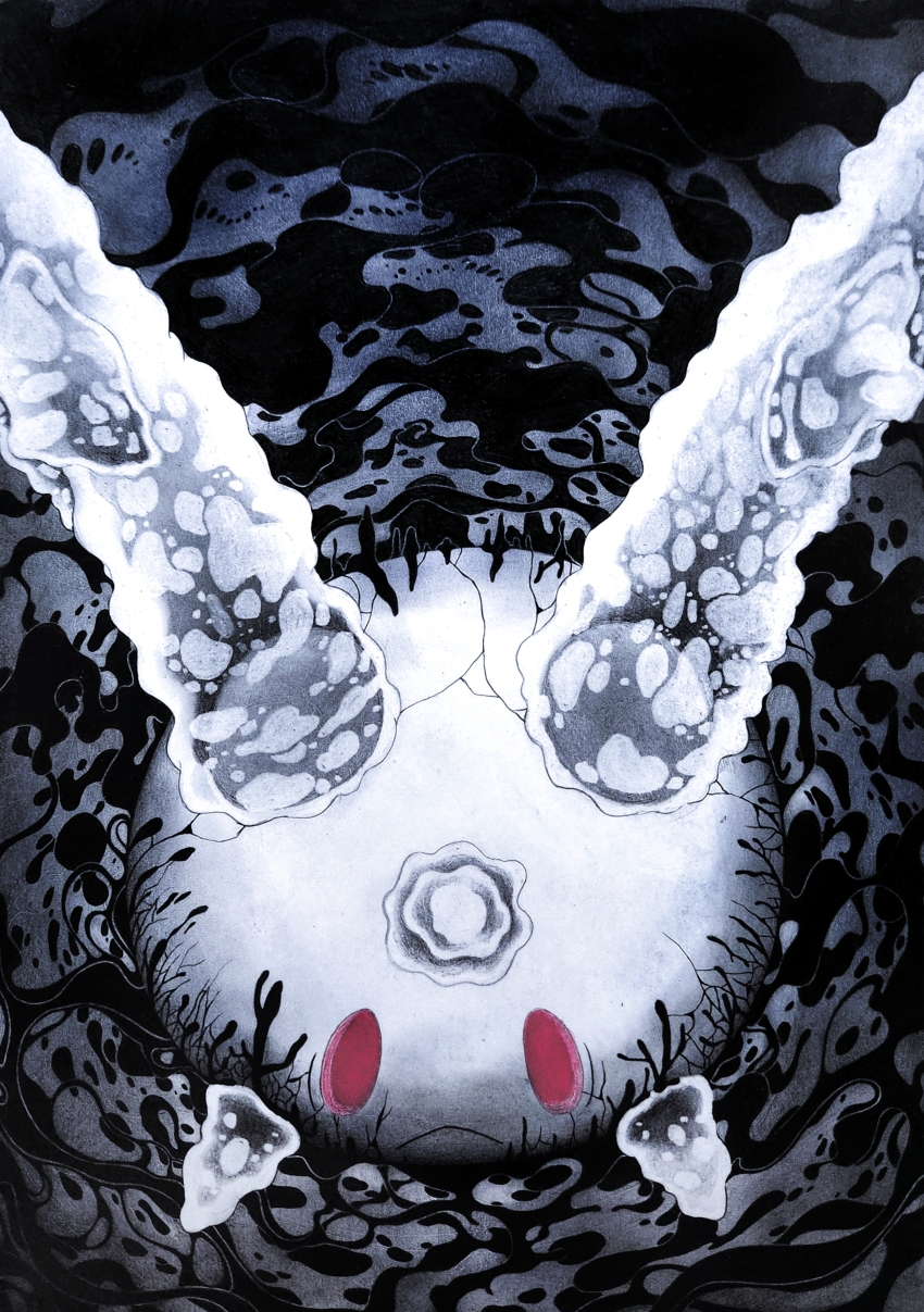 :&lt; absurdres bake_monochrome closed_mouth commentary_request from_above frown galarian_corsola galarian_form gen_8_pokemon graphite_(medium) highres ink nintendo no_humans pink_eyes pokemon pokemon_(creature) solo spikes traditional_media