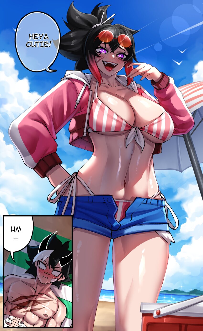 1boy 1girl :d :i absurdres bikini black_hair blue_shorts blue_sky breasts bright_pupils cloud cowboy_shot day english_text fangs highres large_breasts navel open_fly open_mouth original pink_lips ponytail purple_eyes rageman709 sheo_(rageman709) short_hair short_shorts shorts sky smile standing stomach striped_bikini striped_clothes swimsuit thighs topless_male vertical-striped_bikini vertical-striped_clothes white_pupils