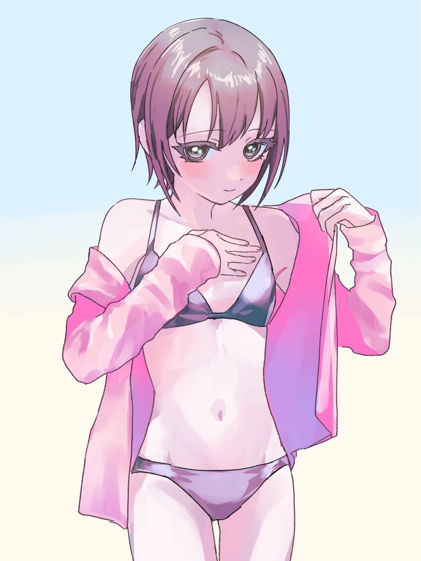 1girl bare_shoulders bikini black_bikini breasts cowboy_shot grey_hair highres idolmaster idolmaster_cinderella_girls jacket kanipoposu light_smile looking_at_viewer navel off_shoulder open_clothes open_jacket otokura_yuuki pink_jacket short_hair small_breasts solo swimsuit