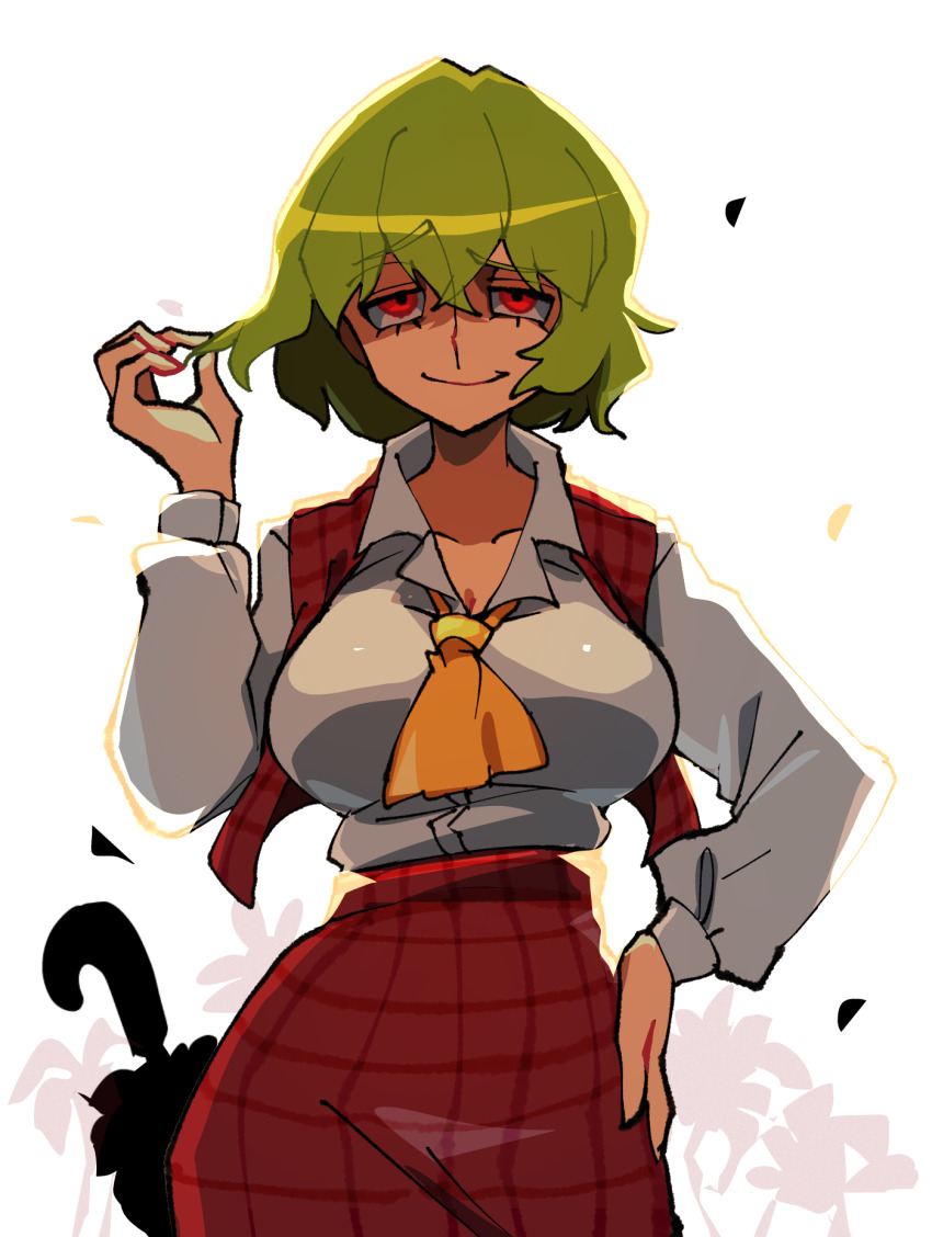 1girl ascot breasts closed_mouth collared_shirt crossed_bangs green_hair hand_on_own_hip highres iganashi1 kazami_yuuka large_breasts long_sleeves looking_at_viewer one-hour_drawing_challenge plaid_clothes plaid_skirt plaid_vest red_eyes red_skirt red_vest shirt short_hair simple_background skirt smile solo touhou umbrella vest white_background white_shirt yellow_ascot
