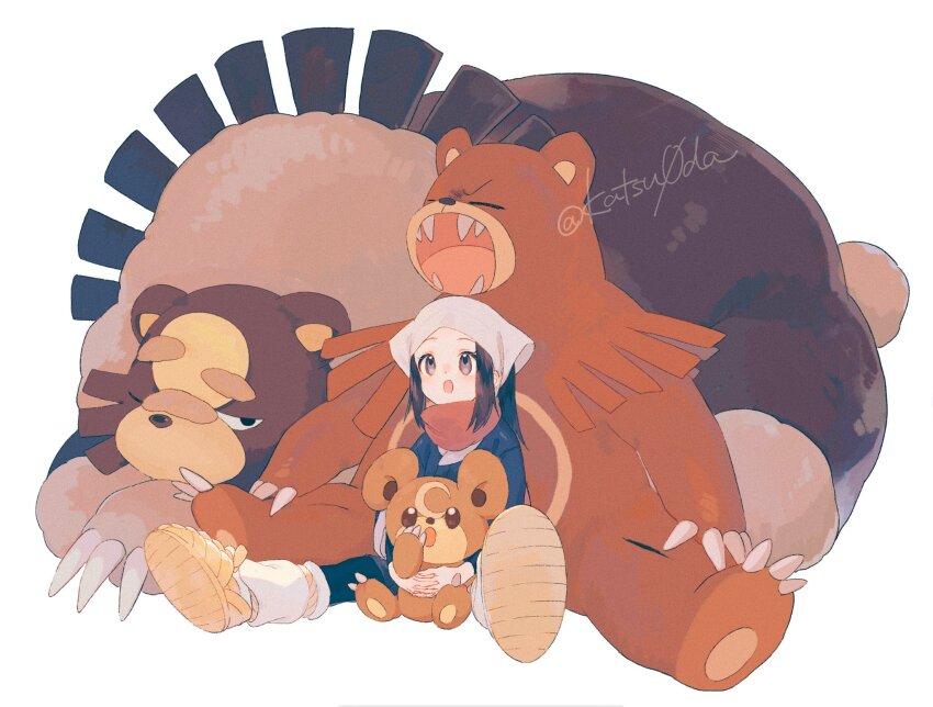 1girl akari_(pokemon) black_hair blush eyelashes galaxy_expedition_team_survey_corps_uniform gen_2_pokemon grey_eyes grey_jacket hat headscarf highres jacket long_hair nintendo odashi_(namiri) open_mouth pantyhose pokemon pokemon_(creature) pokemon_legends:_arceus red_scarf sash scarf shirt sidelocks smile teddiursa ursaluna ursaring white_headscarf