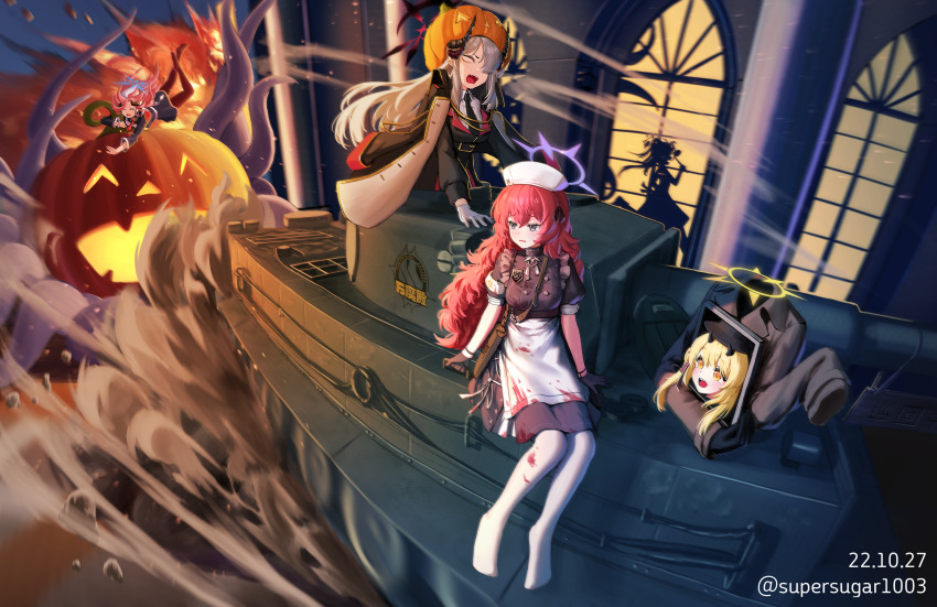 5girls :d absurdres apron black_gloves black_horns black_necktie black_ribbon blonde_hair blue_archive blush brown_coat buttons coat coat_on_shoulders collared_shirt cosplay dated demon_horns dress dust explosion fang frilled_dress frills fuuka_(blue_archive) gloves golconda_&amp;_decalcomania_(blue_archive) hair_ribbon halloween halloween_costume halo hat highres horns ibuki_(blue_archive) iroha_(blue_archive) jacket juri_(blue_archive) long_hair makoto_(blue_archive) military military_jacket military_vehicle monster motion_blur motor_vehicle multiple_girls necktie night nurse_cap open_mouth orange_headwear panorama pantyhose parted_lips pink_hair pumpkin pumpkin_hat red_hair ribbon scrunchie sena_(blue_archive) shirt silhouette smile solid_eyes supersugar tank tentacles thighhighs tiger_i trench_coat twitter_username waist_apron wavy_hair white_gloves white_hair white_headwear white_shirt white_thighhighs window wrist_scrunchie yellow_eyes