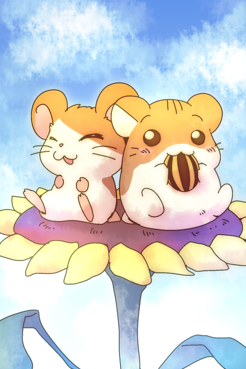 :3 animal animal_focus closed_eyes commentary crossover flower hamster_club hamtaro hamtaro_(series) highres no_humans nyaa_(nnekoron) seed shigecchi_(hamster_club) sitting sky species_connection sunflower sunflower_seed whiskers