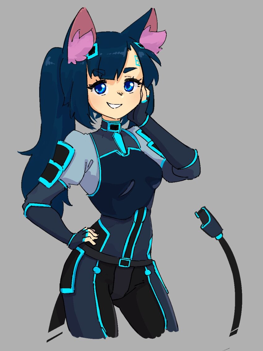 1girl animal_ear_fluff animal_ears black_bodysuit blue_bodysuit blue_eyes blue_hair bodysuit fingerless_gloves gloves grey_background hand_on_own_cheek hand_on_own_face hand_on_own_hip haqu_(suweeka) highres long_hair original ponytail shoulder_pads simple_background smile solo standing suweeka teeth two-tone_bodysuit