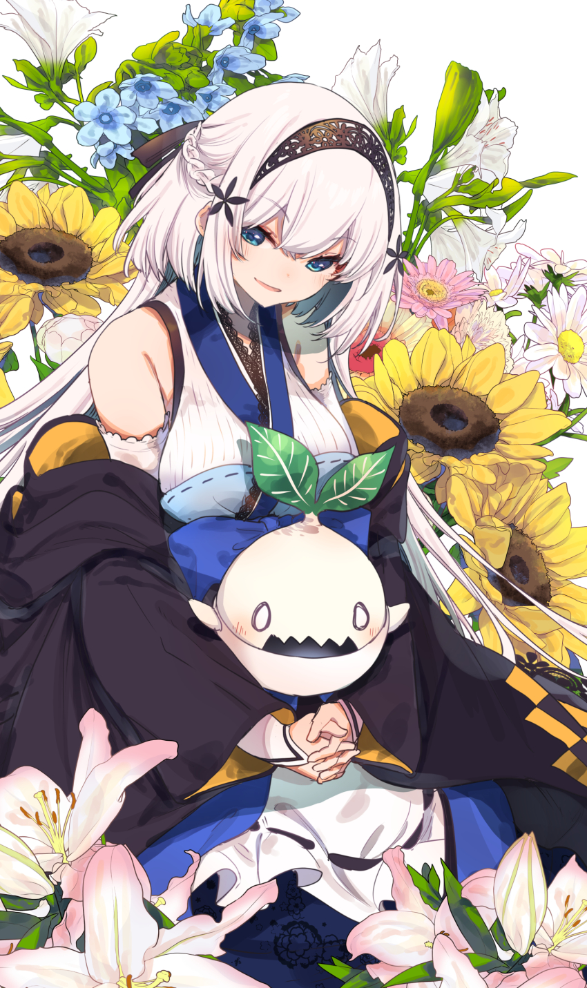 0_0 1girl :d absurdres black_hairband black_robe blue_eyes blue_flower blush braid breasts commentary_request floral_background flower flower_request hair_between_eyes hairband half_up_braid hamayumiba_sou highres interlocked_fingers japanese_clothes kimono large_breasts lily_(flower) long_hair long_sleeves looking_at_viewer majo_no_hanaya-san mamoru-kun_(majo_no_hanaya-san) mandragora open_mouth orange_robe own_hands_together pink_flower robe sidelocks sleeveless sleeveless_kimono smile sunflower tweedia two-sided_robe very_long_hair white_background white_flower white_hair white_kimono yellow_flower yoshino_york