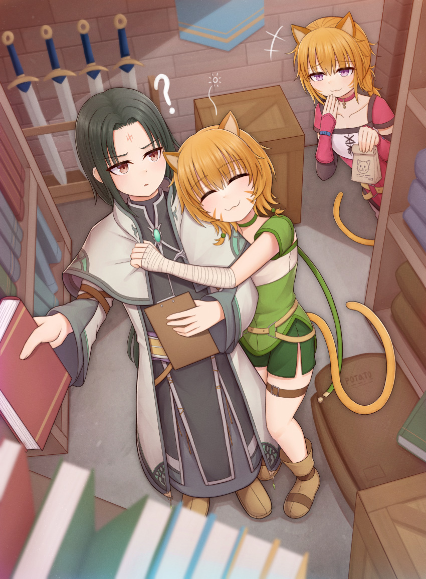 1boy 2girls absurdres animal_ears atorie banner cat_ears cat_tail collar commission fire_emblem fire_emblem:_path_of_radiance fire_emblem:_radiant_dawn highres lethe_(fire_emblem) lyre_(fire_emblem) multiple_girls nintendo pixiv_commission prank purple_eyes siblings sisters soren_(fire_emblem) soren_(radiant_confidant)_(fire_emblem) tail
