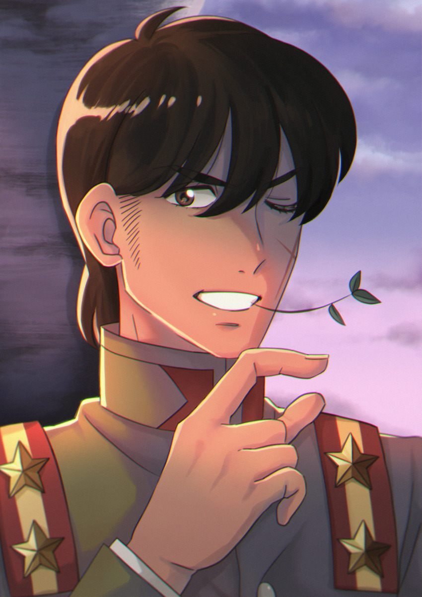 1boy blue_sky brown_eyes brown_hair haikara-san_ga_tooru hair_between_eyes hand_up highres looking_at_viewer male_focus mouth_hold one_eye_closed outdoors parted_lips posha-art scar scar_on_face shingo_onijima sideburns sky solo upper_body