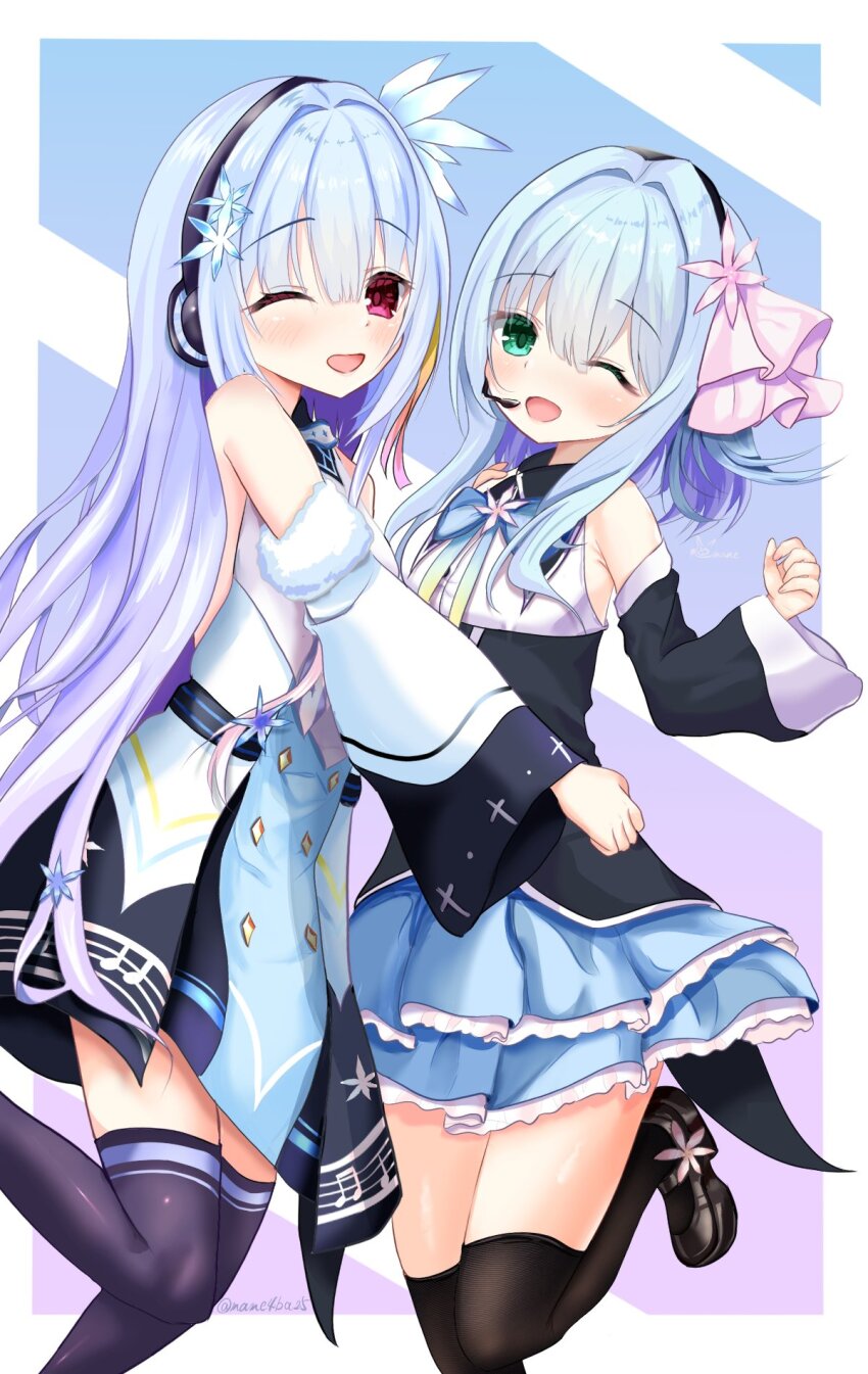 2girls ;d bare_shoulders black_footwear black_shirt black_thighhighs blue_hair blue_skirt blunt_bangs blush border clenched_hand collared_shirt commentary_request detached_sleeves dual_persona eyes_visible_through_hair feet_out_of_frame flower foot_out_of_frame frilled_skirt frills fur-trimmed_sleeves fur_trim green_eyes hair_flower hair_intakes hair_ornament hair_ribbon hamidashi_creative hand_up headphones headset highres hug light_blue_hair long_hair long_sleeves looking_at_viewer mame4ba2525 mary_janes medium_hair miniskirt multiple_girls nishiki_asumi one_eye_closed open_mouth outside_border petticoat pink_flower pink_ribbon red_eyes ribbon shirt shoes simple_background skirt sleeveless sleeveless_shirt smile standing standing_on_one_leg straight_hair thighhighs twitter_username two-tone_shirt very_long_hair white_border white_flower white_shirt wide_sleeves yukige_shiki zettai_ryouiki