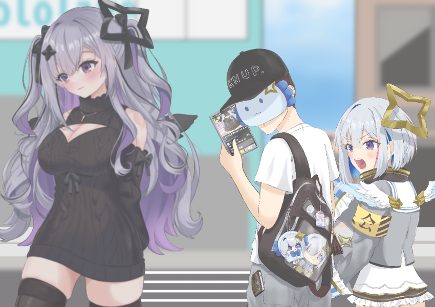 1boy 2girls amane_kanata amane_kanata_(1st_costume) amane_konata angel angel_wings anger_vein angry aran_sweater armband asymmetrical_bangs backpack bag baseball_cap baweu00 black_bag black_hair black_halo black_sweater black_thighhighs black_wings blue_eyes blue_hair blurry blurry_background blurry_foreground blush breasts cable_knit character_doll cleavage cleavage_cutout clothing_cutout colored_inner_hair dark_halo detached_sleeves diamond_hair_ornament distracted_boyfriend_(meme) dress feathered_wings gradient_wings grey_hair grey_shorts halo hat hololive jealous jewelry large_breasts long_hair long_sleeves looking_at_another looking_back mask mask_on_head meme meme_attire mini_wings miniskirt multicolored_hair multicolored_wings multiple_girls necklace o3o object_in_pocket open-chest_sweater open_mouth pink_hair pocket purple_eyes purple_hair school_uniform shirt short_hair shorts siblings single_hair_intake sisters skirt smile star_halo streaked_hair sweater tablet_pc thighhighs turtleneck turtleneck_dress turtleneck_sweater twins two_side_up virgin_killer_sweater virtual_youtuber white_shirt white_skirt white_wings wings yellow_armband yellow_halo