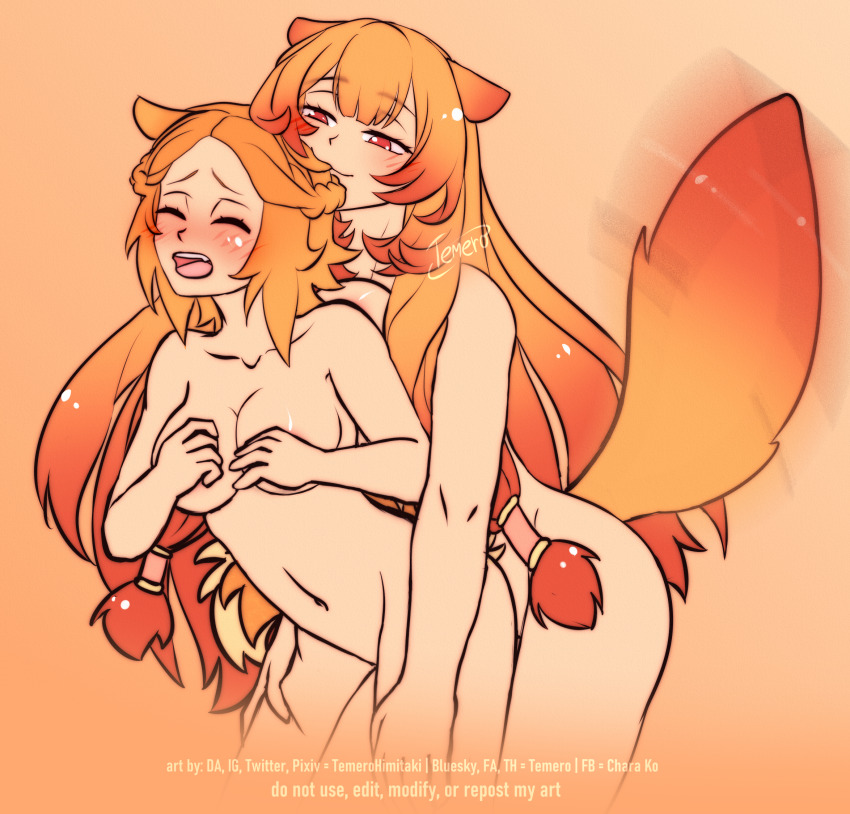 2girls animal_ears artist_name biting biting_ear bluesky_username blunt_bangs blush braid breast_press breasts breasts_on_another&#039;s_back cleavage closed_eyes colored_tips commentary completely_nude cowboy_shot deviantart_username dog_ears dog_girl english_commentary facebook_username forehead furaffinity_username grabbing_another&#039;s_thighs groping half_up_braid hands_up highres instagram_username large_breasts leaning_forward long_hair medium_breasts medium_hair metal_hair_tubes multicolored_hair multiple_girls naughty_face navel nude open_mouth orange_background orange_hair pixiv_username raccoon_ears raccoon_girl raccoon_tail raphtalia red_eyes red_hair signature stomach tail tail_wagging tate_no_yuusha_no_nariagari teeth temerohimitaki twitter_username upper_teeth_only wyndia_(tate_no_yuusha_no_nariagari) yuri