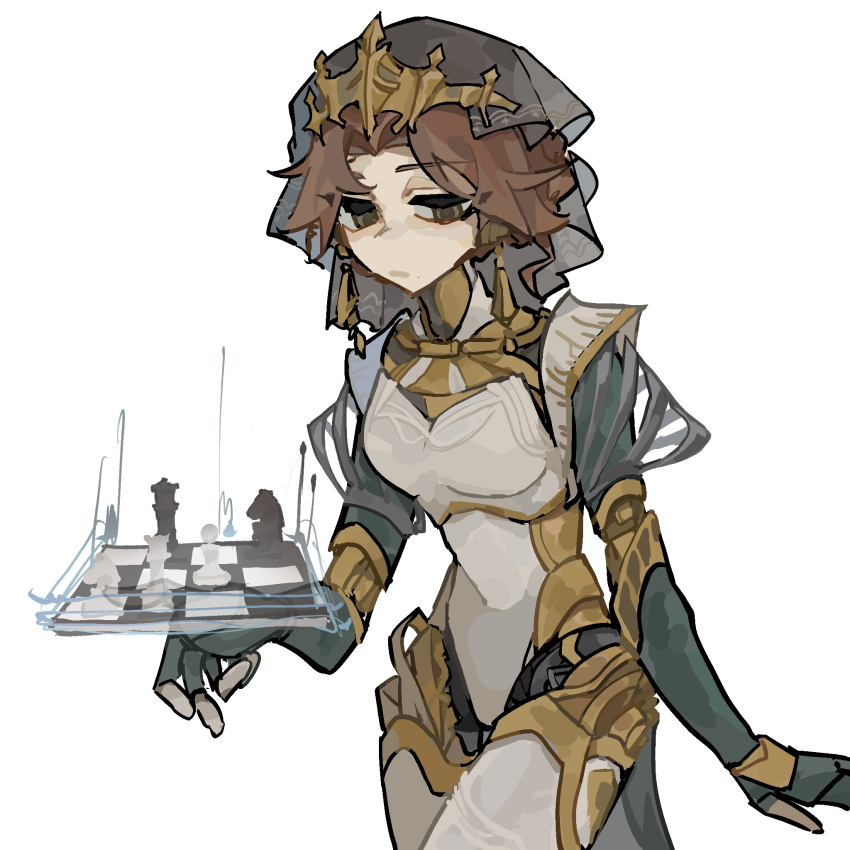 1girl :/ android bridal_veil brown_hair chess_piece chessboard cowboy_shot earrings height_(gao9315785) highres holographic_interface jewelry joints knight_(chess) looking_down lucy_(reverse:1999) official_alternate_costume pawn_(chess) queen_(chess) reverse:1999 robot_girl robot_joints short_hair solo tiara veil white_background yellow_eyes