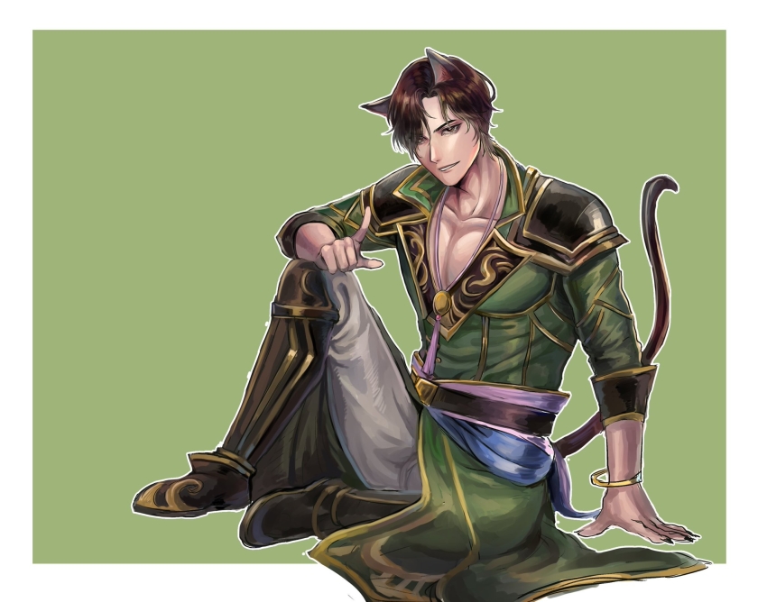1boy animal_ears bad_id bad_pixiv_id black_legwear black_nails bracelet brown_eyes brown_hair cat_ears cat_tail fa_zheng flour494 full_body green_background green_shirt highres index_finger_raised jewelry knee_up looking_at_viewer male_focus nail_polish shin_sangoku_musou shirt simple_background sitting smile solo tail