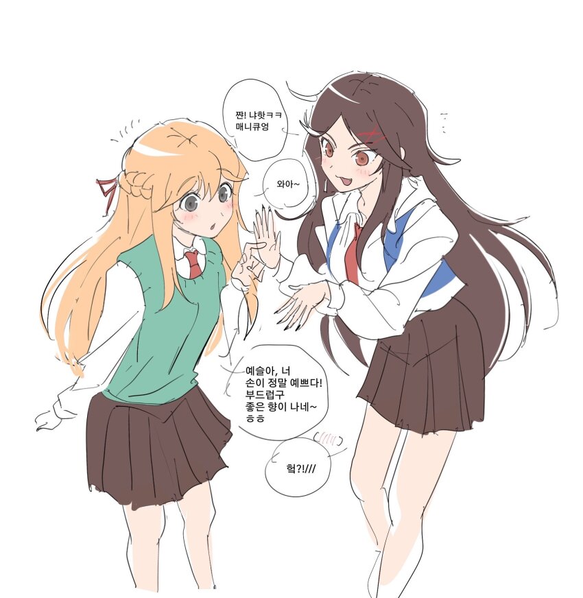 2girls blonde_hair blue_jacket blush braid brown_eyes brown_hair brown_skirt collared_shirt grey_eyes hair_ornament highres jacket jeong_ye-seul korean_text lee_yu-ri long_hair long_sleeves multiple_girls necktie open_mouth pleated_skirt red_necktie ribbon school_uniform seungkkae shirt simple_background skirt speech_bubble vest white_background white_shirt x_hair_ornament zombie_high_school