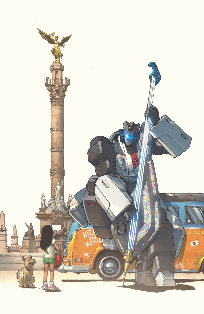 1girl absurdres andrew_griffith angel_de_la_independencia artist_collaboration assault_visor autobot ball black_hair dog dyemooch green_shorts highres holding holding_ball holding_instrument instrument japanese_flag jazz_(transformers) mecha mexican_flag mexico mexico_city motor_vehicle pink_shoes robot shadow shirt shoes shorts sitting sneakers statue transformers van volkswagen volkswagen_type_2 white_shirt