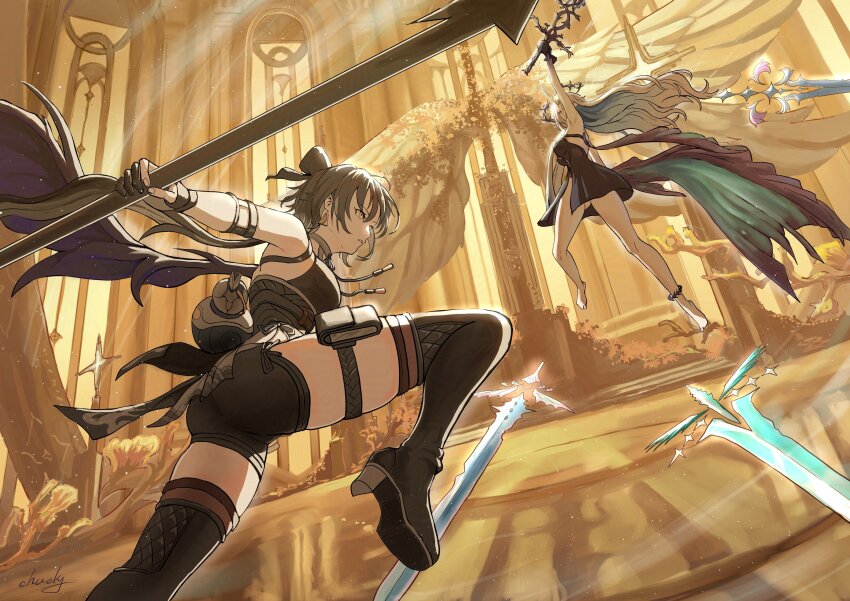 2girls absurdres arm_up ass bare_legs bare_shoulders barefoot black_boots black_bow black_dress black_gloves black_hair black_shorts black_thighhighs blonde_hair blue_hair boots bow breasts chucky_(chucky1000sun) commentary_request crown_of_thorns dress earrings faceoff female_rover_(wuthering_waves) fleurdelys_(wuthering_waves) gloves gradient_hair hair_bow high_heel_boots high_heels highres holding holding_sword holding_weapon horns jewelry large_breasts legs long_hair multicolored_hair multiple_girls pangu_terminal_(wuthering_waves) parted_lips partially_fingerless_gloves pouch rover_(wuthering_waves) shorts single_horn single_wing sword thigh_boots thigh_pouch thighhighs thighhighs_under_boots triangle_earrings weapon wings wuthering_waves yellow_eyes yellow_horns