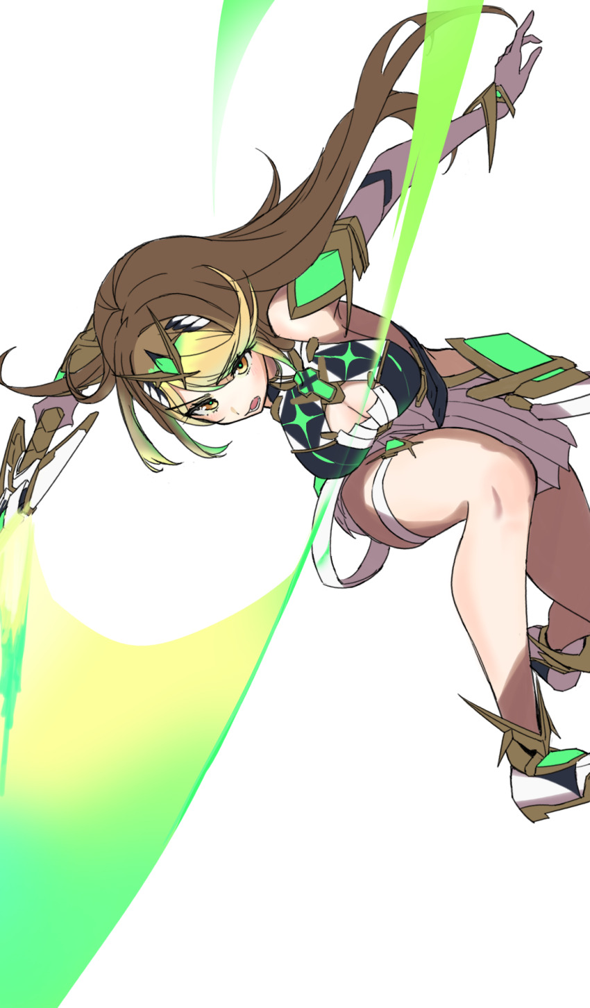 1girl bare_shoulders blonde_hair breasts chest_jewel cleavage cleavage_cutout clothing_cutout core_crystal_(xenoblade) dress energy_sword hattori_(omegamega1001) highres holding holding_sword holding_weapon large_breasts mythra_(xenoblade) simple_background slashing solo sword tiara weapon white_background white_dress xenoblade_chronicles_(series) xenoblade_chronicles_2