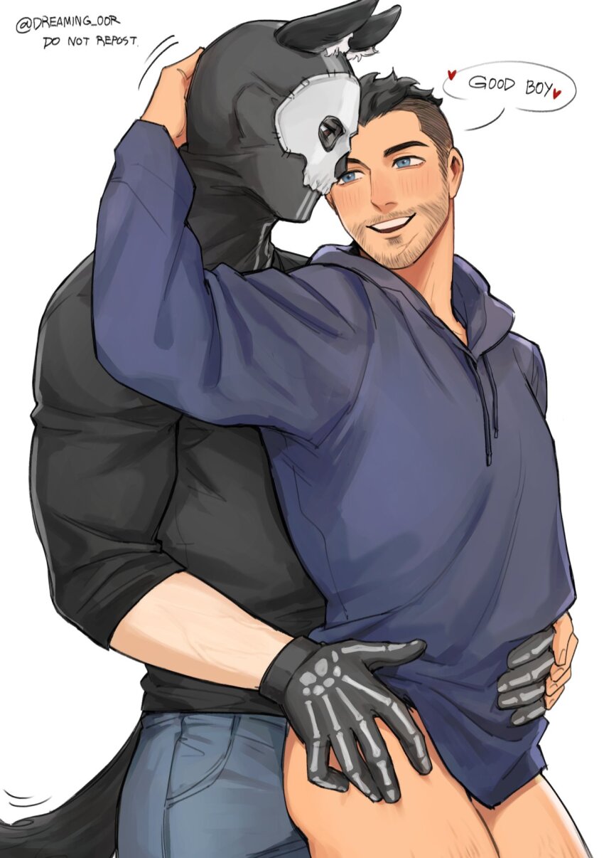 2boys animal_ears ass bara black_gloves black_hair black_hoodie black_shirt blue_eyes blue_pants blush call_of_duty call_of_duty:_modern_warfare_2 couple dreaming_oor english_text facial_hair ghost_(modern_warfare_2) gloves highres hood hood_down hoodie looking_at_another male_focus mask multiple_boys naked_hoodie pants shirt short_hair skull_mask smile soap_(modern_warfare_2) tail twitter_username wolf_boy wolf_ears wolf_tail yaoi
