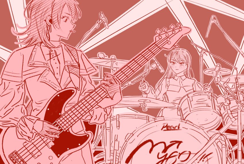 2girls 5-string_bass_guitar bang_dream! bang_dream!_it&#039;s_mygo!!!!! bass_guitar capelet closed_mouth cymbals drum drum_set drumsticks earrings eoljukko gloves half_gloves highres holding holding_drumsticks instrument jewelry long_hair long_sleeves looking_at_another microphone_stand mole mole_under_eye mouth_hold multiple_girls music playing_bass_guitar playing_instrument plectrum plectrum_in_mouth red_theme shiina_taki smile timoris_(bang_dream!) yahata_umiri