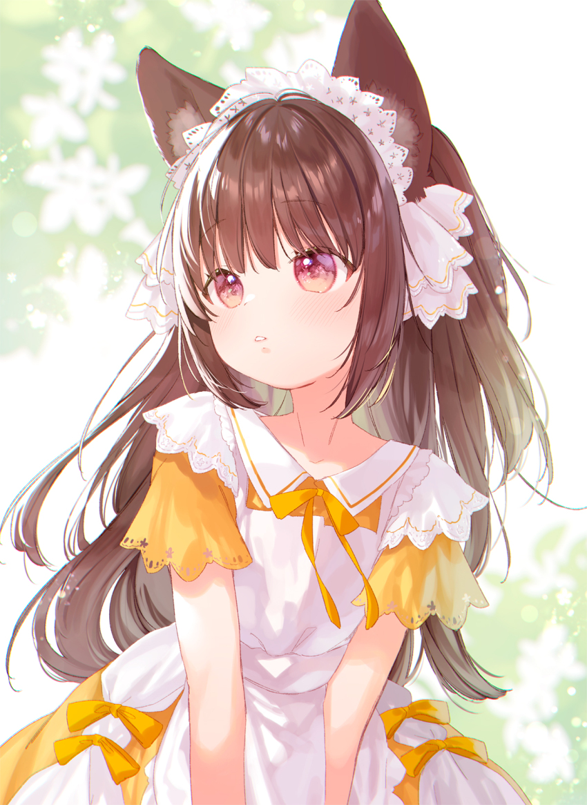 1girl animal_ears brown_hair dress flat_chest headdress highres long_hair looking_to_the_side mutou_mato original parted_lips pink_eyes short_sleeves solo upper_body