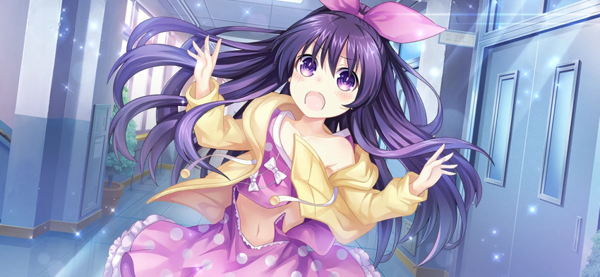 1girl aged_down bare_shoulders blush date_a_live date_a_live:_spirit_pledge drawstring dress game_cg hair_ribbon hood hooded_jacket indoors jacket long_hair long_sleeves navel official_art open_mouth purple_dress purple_eyes purple_hair ribbon solo third-party_source yatogami_tohka yellow_jacket