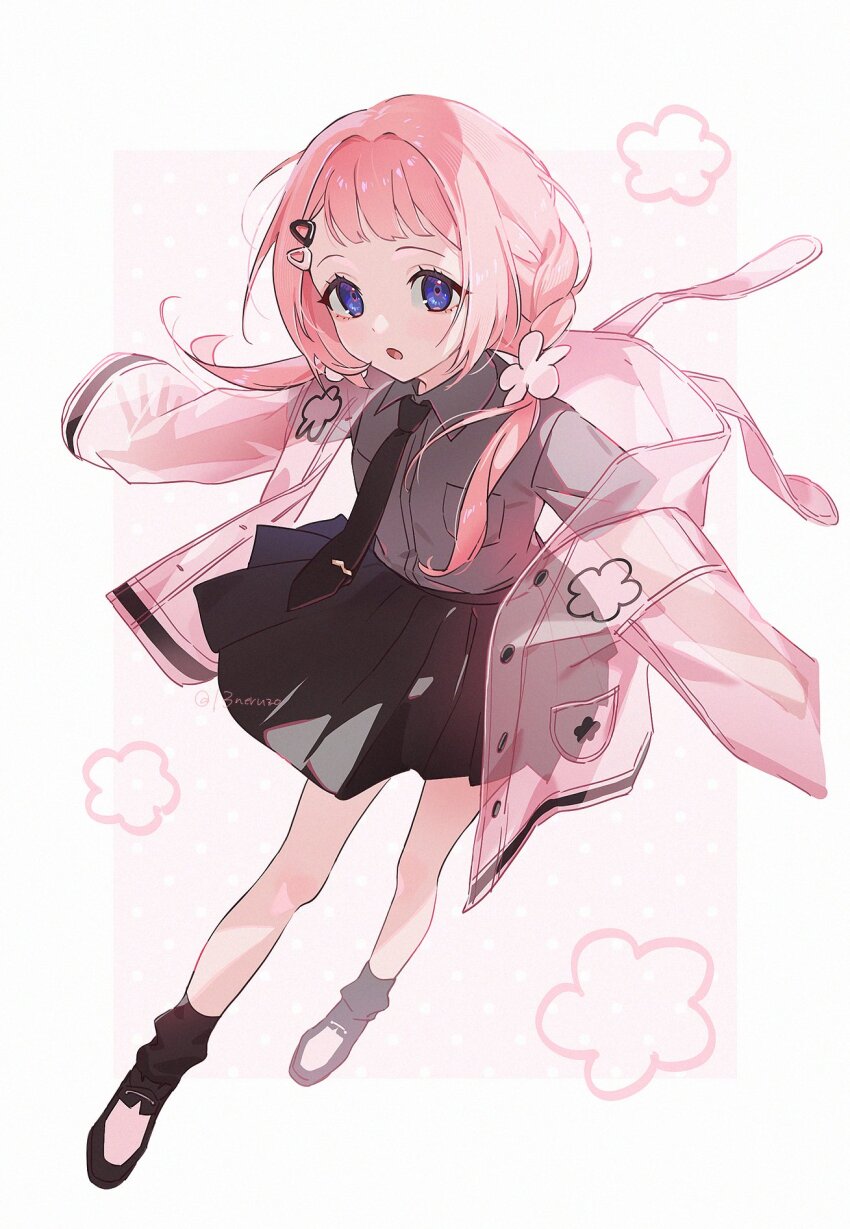 1girl animal_hood black_necktie black_skirt blue_eyes blunt_bangs braid flower flower_ornament grey_shirt hair_ornament hairclip highres hood ichi_san_neruzo jacket kneehighs loafers looking_at_viewer necktie nijisanji official_alternate_costume pink_hair pleated_skirt school_uniform see-through_clothes see-through_jacket shirt shoes side_ponytail skirt socks solo suo_sango virtual_youtuber white_flower