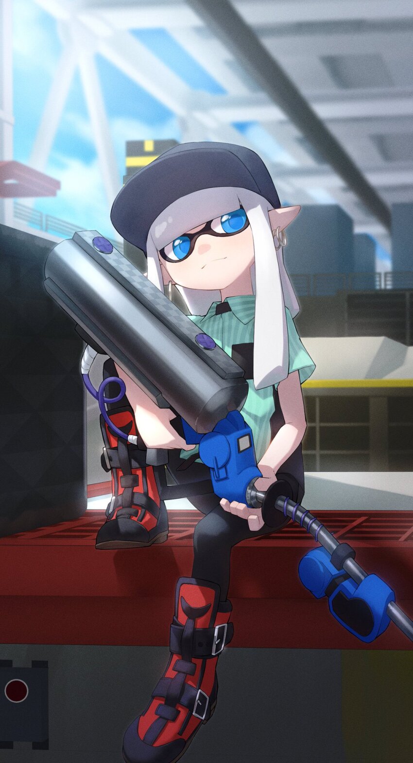 1girl baseball_cap black_hat black_pants blue_eyes blue_pupils boots collared_shirt commentary_request e-liter_4k_(splatoon) earrings gakusei_noa green_shirt gun hat highres holding holding_gun holding_weapon hoop_earrings in-universe_location inkling inkling_girl inkling_player_character jewelry long_hair nintendo pants pointy_ears shirt sitting solo splatoon_(series) splatoon_3 tentacle_hair weapon white_hair