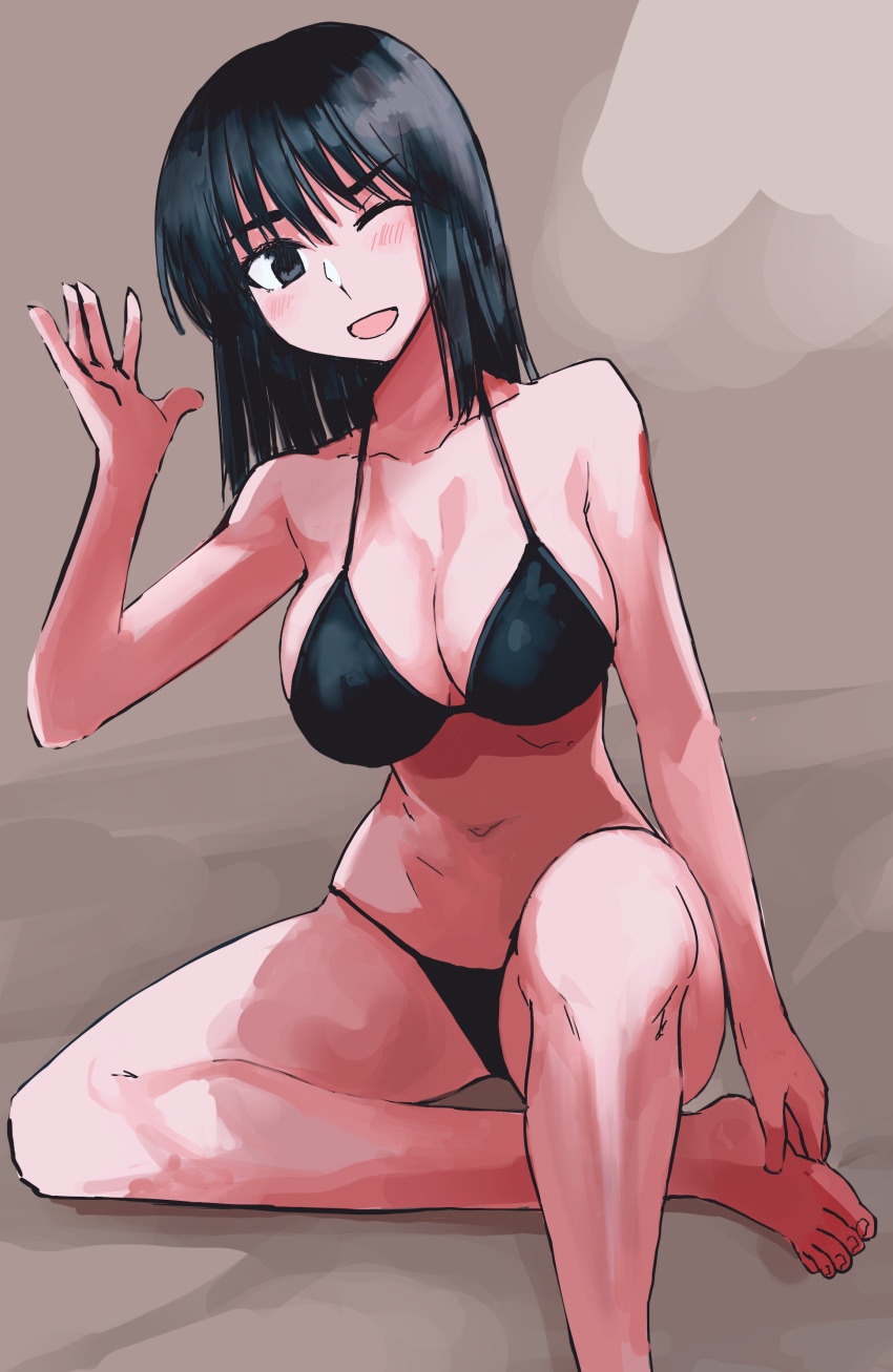 1girl absurdres bare_legs bare_shoulders barefoot bikini black_bikini black_hair blue_eyes breasts cleavage closed_mouth collarbone cosaten crossed_legs halterneck halterneck highres large_breasts medium_hair navel one_eye_closed school_rumble simple_background sitting sketch smile solo string_bikini suou_mikoto_(school_rumble) swimsuit tsurime waving