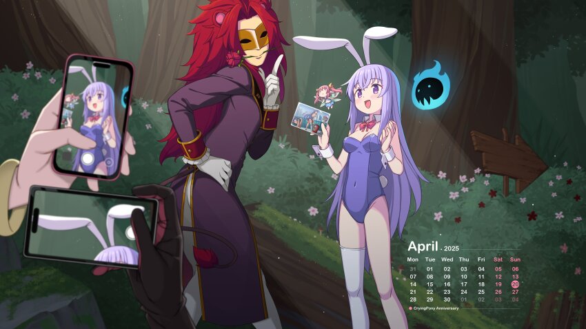 1boy 2girls :d absurdres animal_ears april artist_request breasts calendar_(medium) cellphone check_artist commentary english_commentary erina_(rabi-ribi) eye_mask flower flower_in_mouth forest gloves hand_on_own_hip highres index_finger_raised leotard lion_boy lion_ears lion_tail long_hair medium_breasts mini_person minigirl multiple_girls nature official_art open_mouth out_of_frame phone purple_eyes purple_hair purple_leotard rabbit_ears rabbit_tail rabi-ribi red_flower red_hair red_rose ribbon_(rabi-ribi) rose saiste second-party_source single_bare_leg single_thighhigh smartphone smile strapless strapless_leotard tail thighhighs tree very_long_hair white_gloves wrist_cuffs