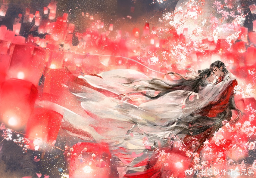 absurdres bishounen black_hair branch cherry_blossoms chinese_clothes chinese_commentary closed_eyes closed_mouth couple eyepatch flower glowing hair_bun hair_ornament hair_over_one_eye hanfu high_collar highres hua_cheng hug huge_moon lantern lantern_festival light_particles long_hair long_sleeves looking_at_another male_focus moon night official_art paper_lantern parted_lips pink_flower red_theme scene_reference single_hair_bun sky_lantern smile tianguan_cifu very_long_hair very_long_sleeves weibo_5541843220 white_hanfu xie_lian yaoi