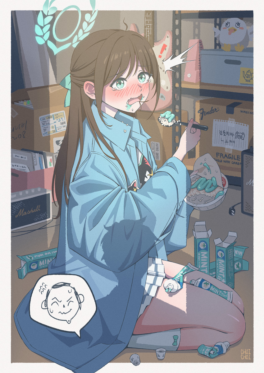 ! 1boy 1girl airi_(band)_(blue_archive) airi_(blue_archive) black_hair blue_archive blue_coat blush bow box cameo cardboard_box chopsticks coat commentary_request doodle_sensei_(blue_archive) eating electric_guitar embarrassed fender_musical_instruments_corporation fender_stratocaster green_eyes green_halo guitar hair_between_eyes hair_bow hair_ribbon halo highres holding holding_chopsticks indoors instrument iohc_choi kneehighs long_hair long_sleeves looking_at_viewer official_alternate_costume open_clothes open_coat peroro_(blue_archive) pleated_skirt print_shirt ribbon rice sensei_(blue_archive) shirt sidelocks silhouette sitting skirt socks spoken_character sticky_note stuffed_animal stuffed_bird stuffed_toy surprised t-shirt tearing_up toothpaste wariza white_shirt white_skirt white_socks yoshimi_(blue_archive)