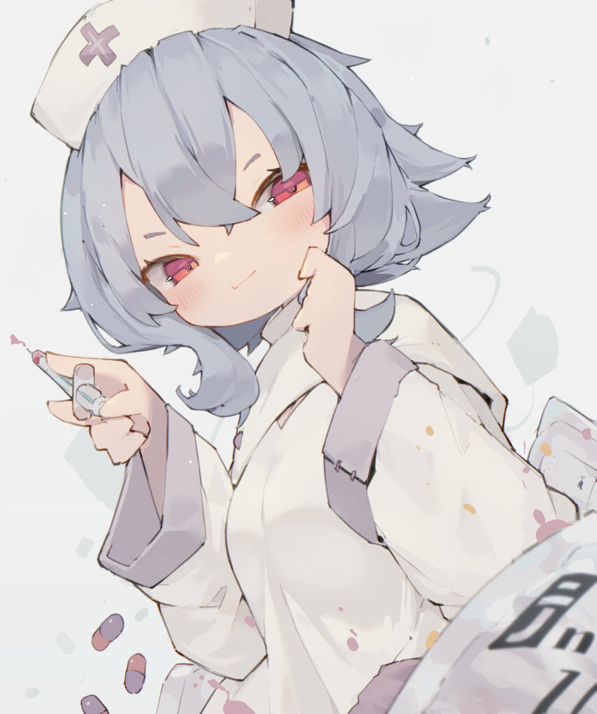 1girl absurdres blue_hair breasts collar hair_between_eyes hands_up hat highres holding holding_syringe light_blush medium_hair nep_(nep_76) nurse nurse_cap original pill red_eyes smile solo syringe upper_body white_background white_collar wide_sleeves