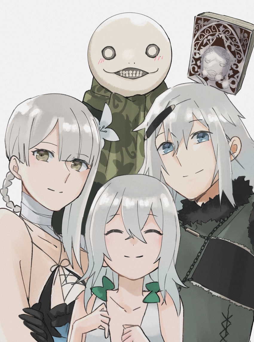2boys 2girls ^_^ absurdres asymmetrical_bangs blue_eyes blush book braid braided_hair_rings breasts cloak closed_eyes closed_mouth commentary_request double-parted_bangs emil_(nier) floating floating_book floating_object green_cloak grey_hair grimoire_weiss hair_between_eyes hair_rings highres kaine_(nier) large_breasts lingerie long_hair looking_at_viewer multiple_boys multiple_girls nana28_tteyatu_(nanakusagayu_28) negligee nier nier_(brother) nier_(series) parted_bangs smile underwear yellow_eyes yonah
