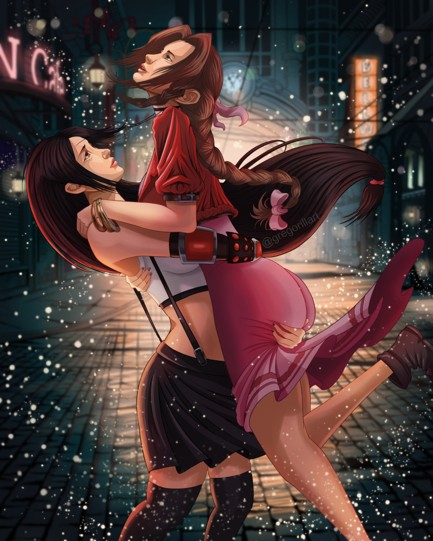 2girls absurdres aerith_gainsborough arms_around_neck ass_grab cityscape dress final_fantasy final_fantasy_vii final_fantasy_vii_remake gregorillart highres holding hug hugging_ass long_dress long_hair midriff miniskirt multiple_girls night pink_dress self-upload skirt square_enix tifa_lockhart tomboy yuri