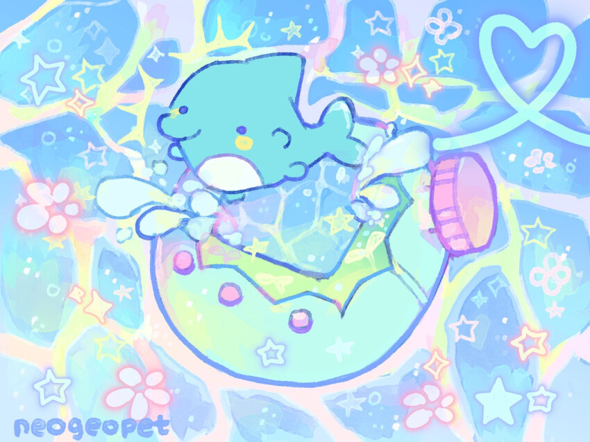 animal animal_focus artist_name colorful commentary creature creature_focus dolphin flower heart heisei_retro hue_shifting irukatchi neogeopet no_humans solo star_(symbol) tamagotchi tamagotchi_(creature) tamagotchi_(virtual_pet) tamagotchi_paradise virtual_pet_(toy) water yume_kawaii