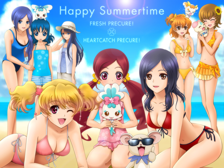 00s 10s 6+girls aono_miki arm_support beach bikini blonde_hair blue_eyes blue_hair blush bow breasts brown_eyes brown_hair casual chiffon_(fresh_precure!) chypre_(heartcatch_precure!) cleavage closed_eyes coffret_(heartcatch_precure!) coupe_(heartcatch_precure!) crossover day female_focus fresh_precure! front-tie_top hanasaki_tsubomi heartcatch_precure! higashi_setsuna kneeling kurumi_erika long_hair lying medium_breasts momozono_love multiple_girls myoudouin_itsuki one_eye_closed open_mouth orange_hair pink_bow potpourri_(heartcatch_precure!) precure purple_hair red_eyes red_hair sarong sekken_kasu_barrier shorts side-tie_bikini_bottom smile sunglasses swimsuit tart_(fresh_precure!) tsukikage_yuri twintails wink yamabuki_inori