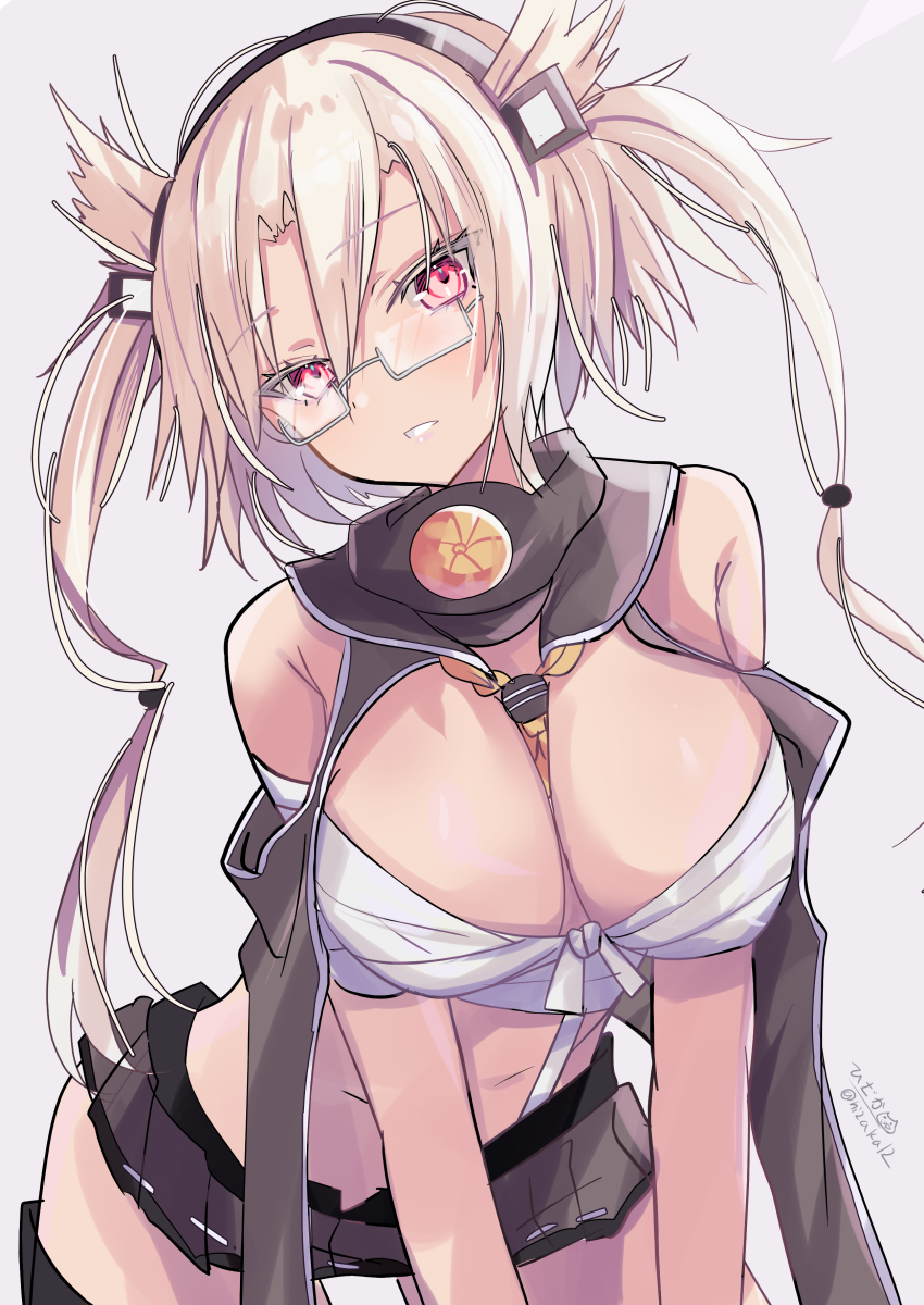 1girl absurdres bare_shoulders between_breasts blonde_hair breasts budget_sarashi cleavage glasses grin hairband highres hizaka kantai_collection large_breasts looking_at_viewer microskirt musashi_(kancolle) musashi_kai_ni_(kancolle) navel red_eyes sarashi semi-rimless_eyewear skirt smile solo twitter_username two_side_up white-framed_eyewear