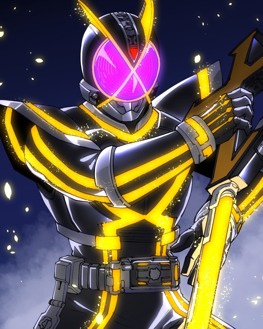 1boy amakawa_mayu armor belt bodysuit glowing glowing_eyes helmet highres holding holding_weapon kamen_rider kamen_rider_555 kamen_rider_kaixa male_focus neon_trim reverse_grip solo sword tokusatsu visor weapon