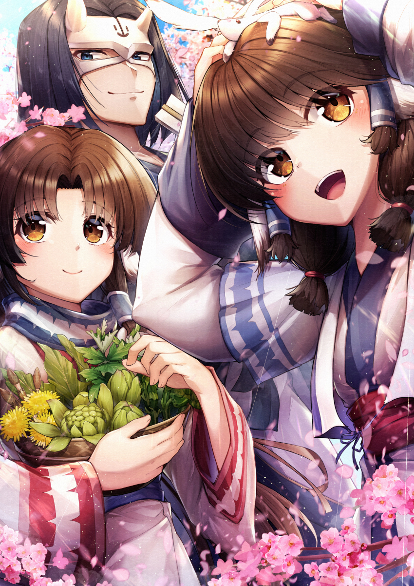 1boy 2girls :d absurdres animal animal_ears animal_on_head arms_up aruruu basket black_hair blue_eyes blue_sash blush brown_eyes cherry_blossoms closed_mouth commentary_request day eruruu eye_mask eyelashes eyes_visible_through_hair falling_petals hair_between_eyes hair_tubes hakuowlo herb highres holding holding_basket japanese_clothes kimono light_particles lips long_hair long_sleeves looking_at_another looking_up marutenmaruten medium_hair multiple_girls nose on_head open_mouth outdoors parted_bangs petals red_sash rubber_band sash siblings sidelocks sisters smile straight_hair teeth upper_teeth_only upturned_eyes utawarerumono utawarerumono:_itsuwari_no_kamen white_kimono white_sleeves